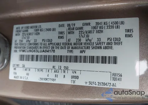 2020 Ford Escape Se из США, поврежденный, VIN 1FMCU9G63LUA04178